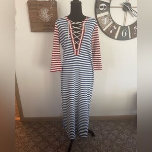 J Crew sz S Red white and blue lace up midi/maxi dress with 3/4 length sleeves.